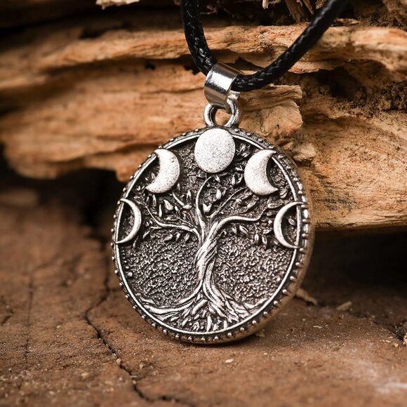 Tree of Life Necklace, Vintage Antique Tree of Life Moon Pendant, Faux Leather C - Picture 2 of 6